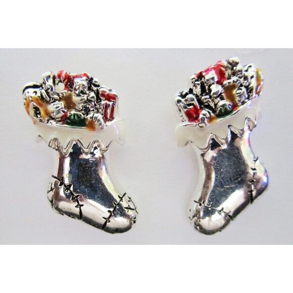 Christmas Silver Plated Stockings Post Earrings (Vintage) - Picture 1 of 3